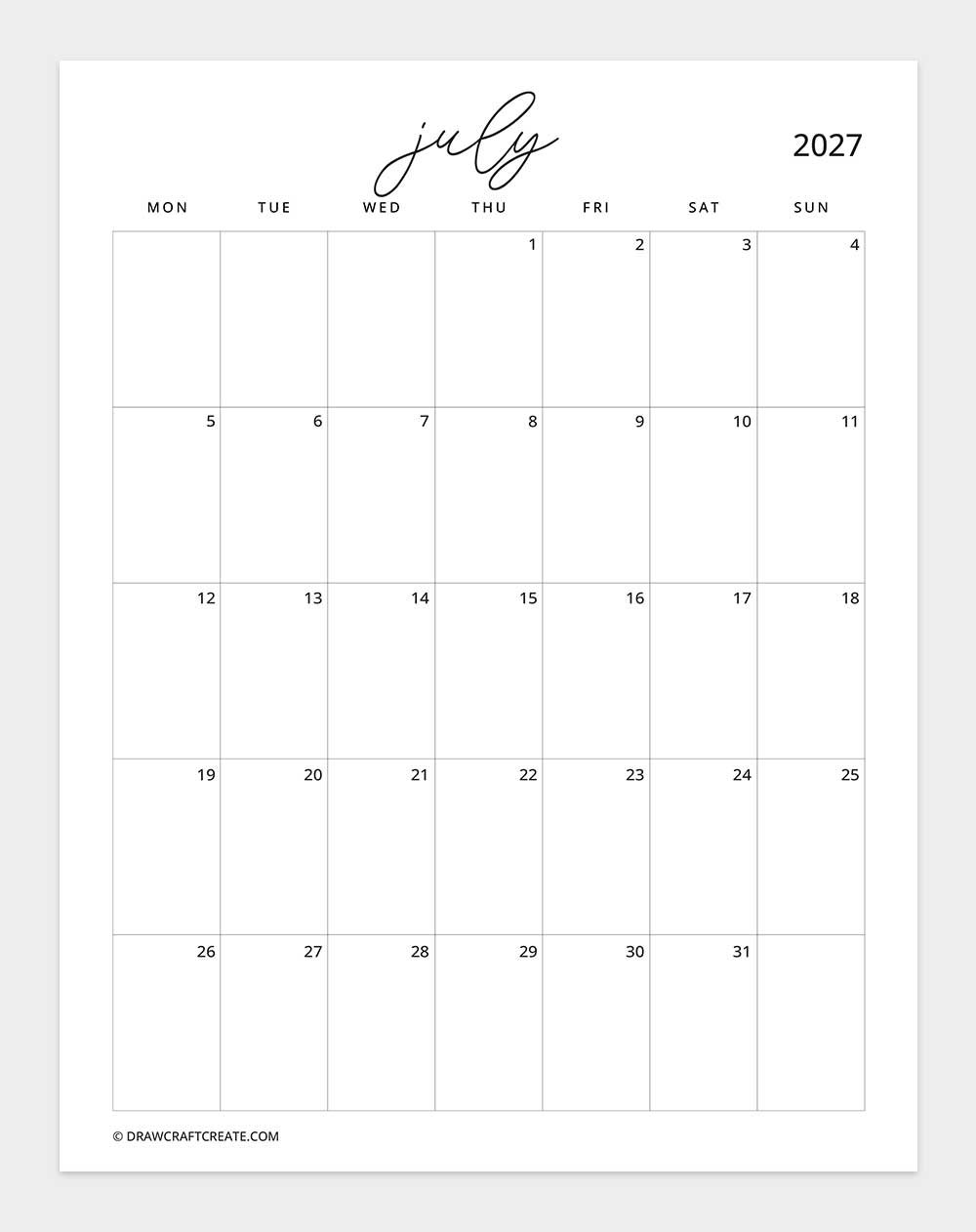 march 2027 calendar vertical without note monday start