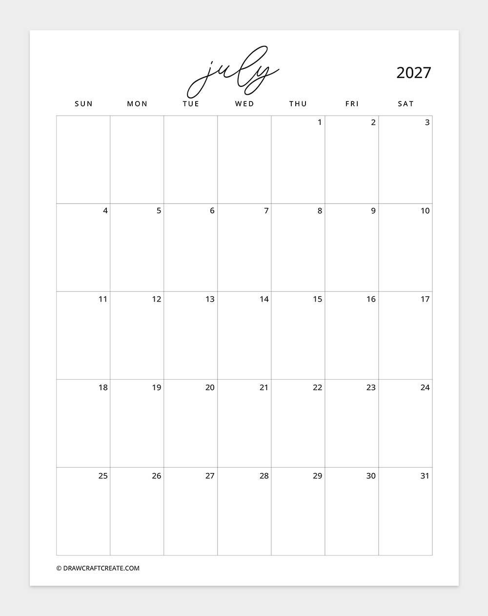 february 2027 calendar vertical without note sunday start