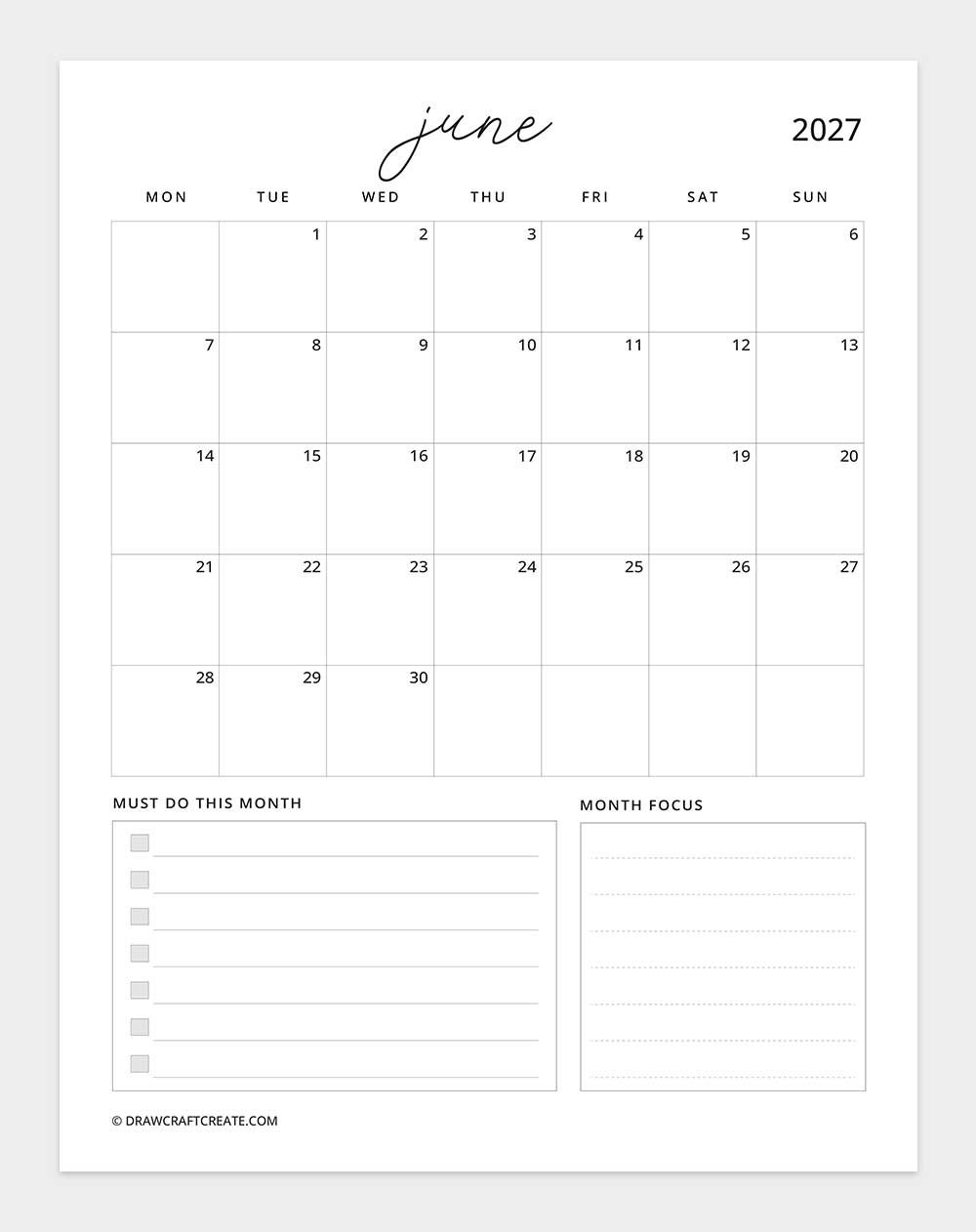january 2027 calendar vertical with note monday start
