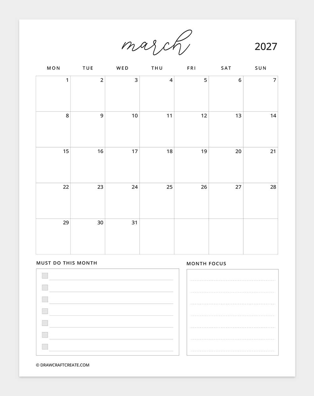 january 2027 calendar vertical with note monday start