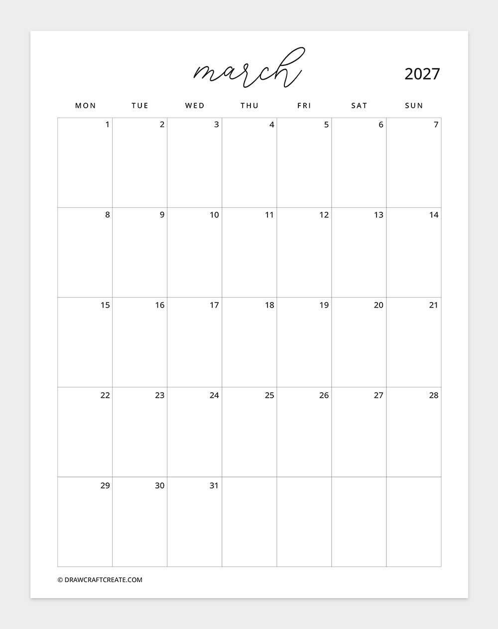 march 2027 calendar vertical without note monday start