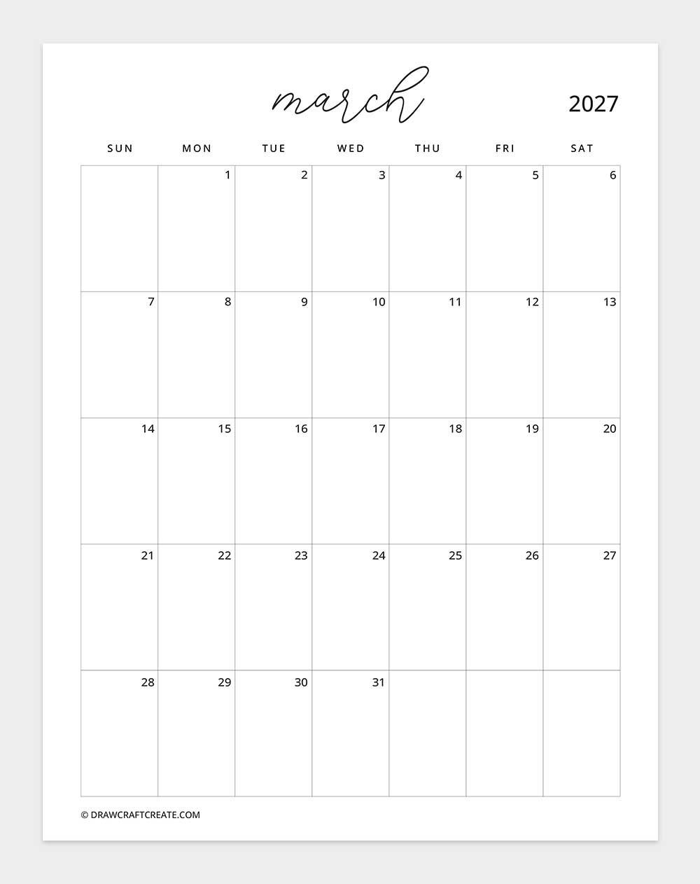 february 2027 calendar vertical without note sunday start