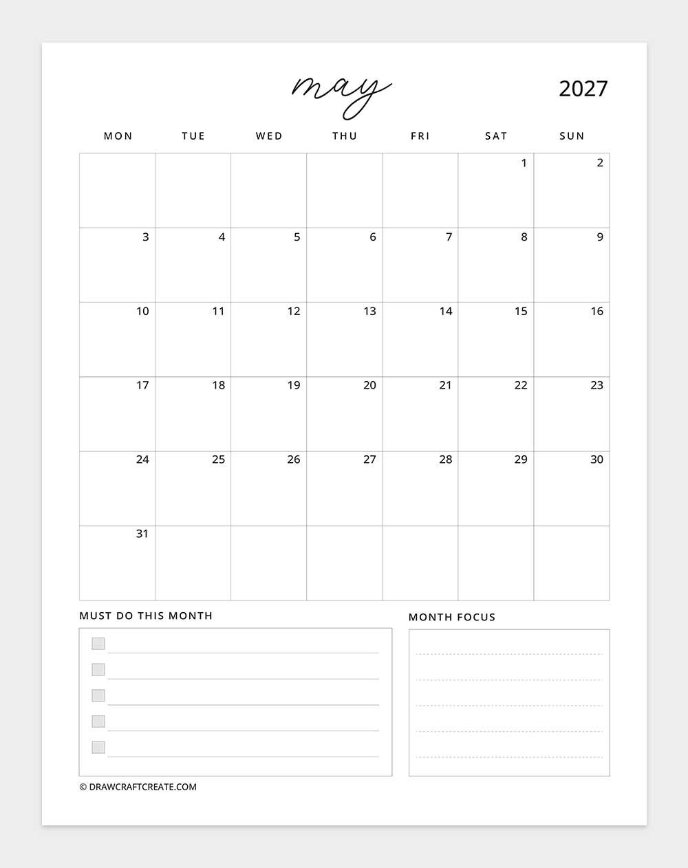 january 2027 calendar vertical with note monday start