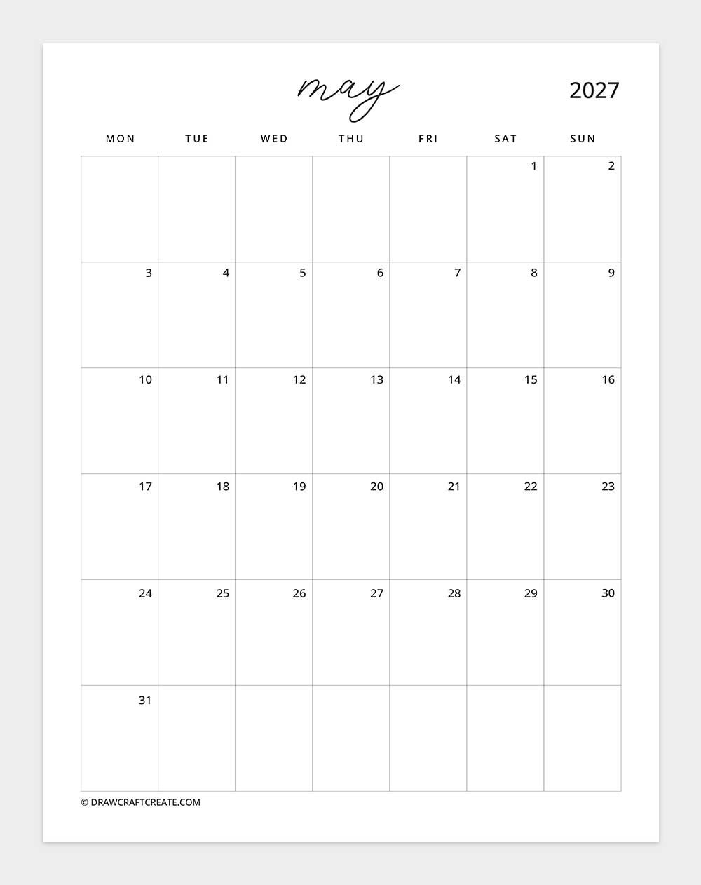 march 2027 calendar vertical without note monday start