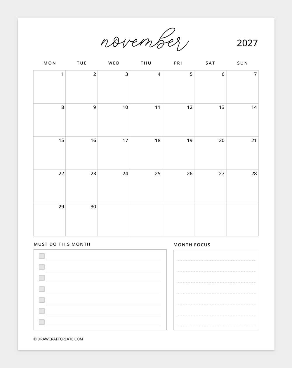 january 2027 calendar vertical with note monday start