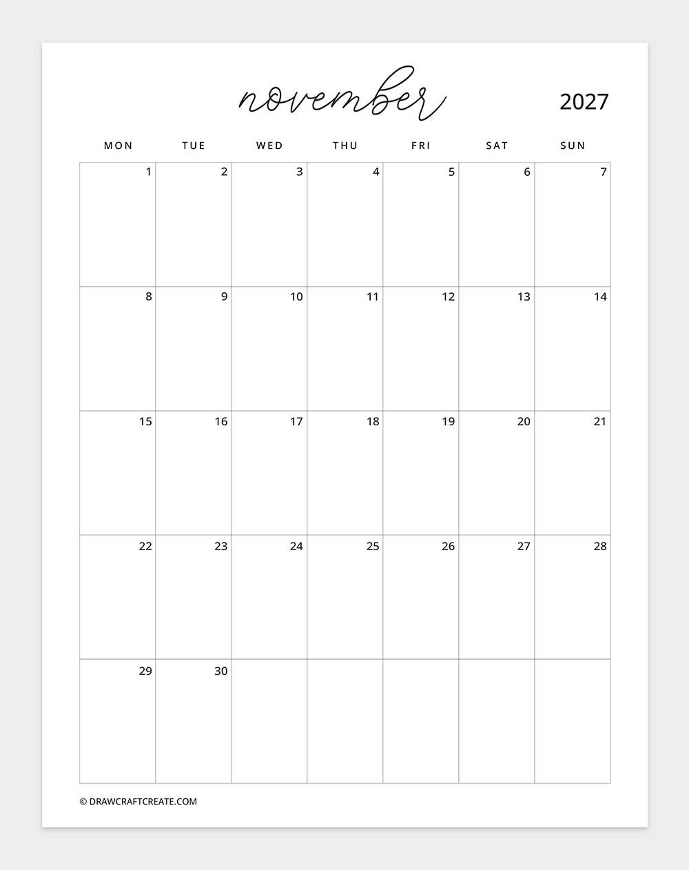 march 2027 calendar vertical without note monday start