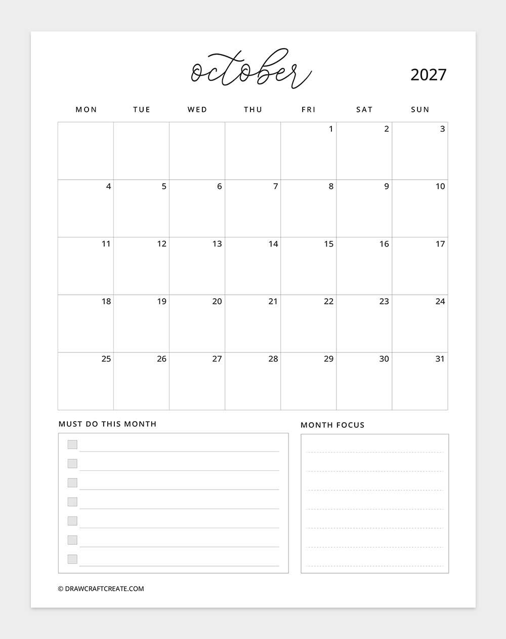 january 2027 calendar vertical with note monday start