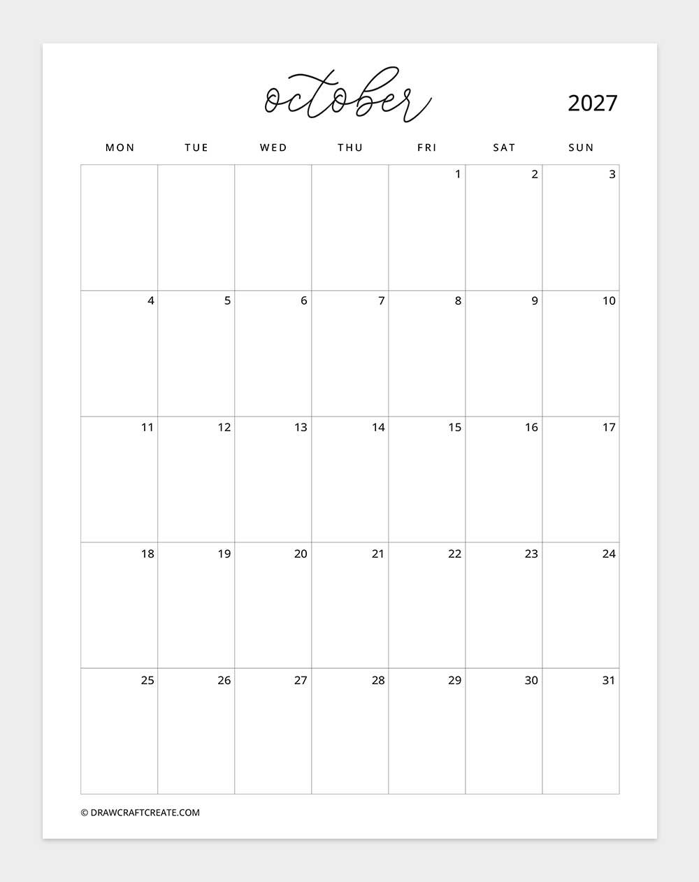 march 2027 calendar vertical without note monday start