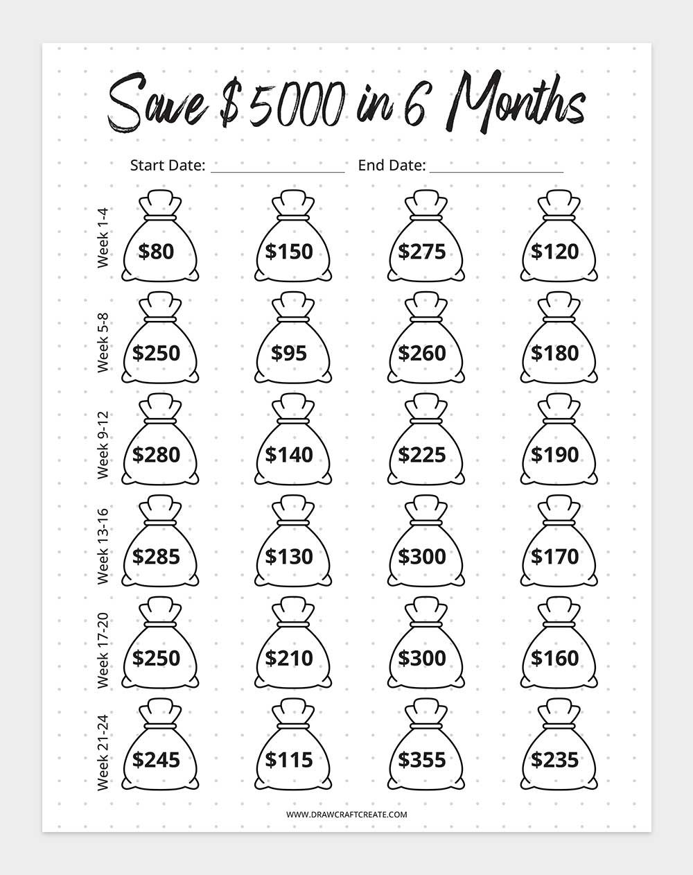 printable 5000 saving challenge