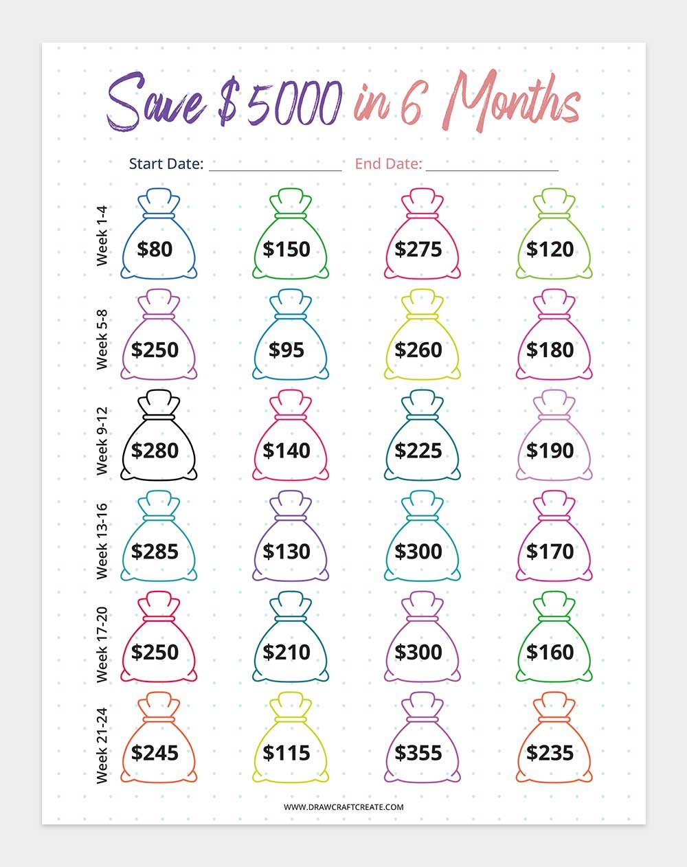 printable 5000 saving challenge