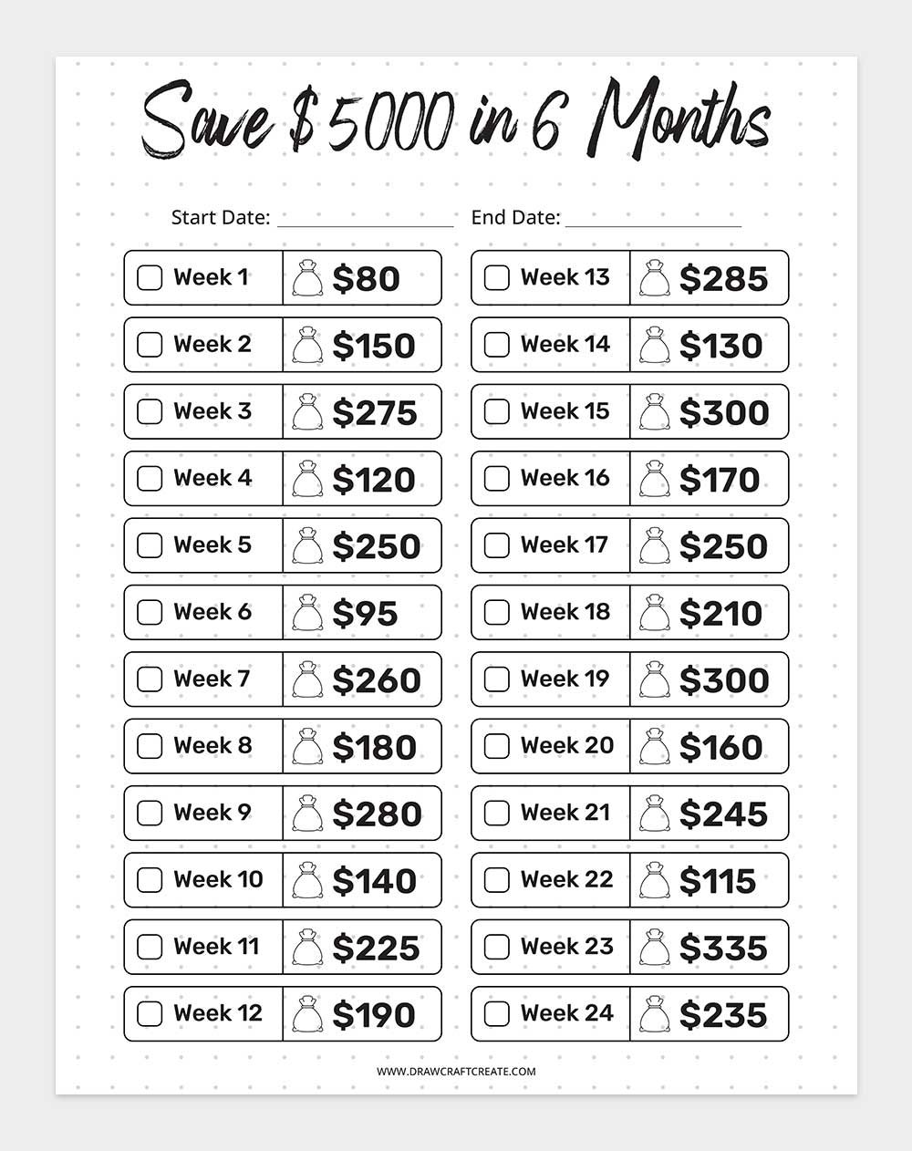 printable 5000 saving challenge