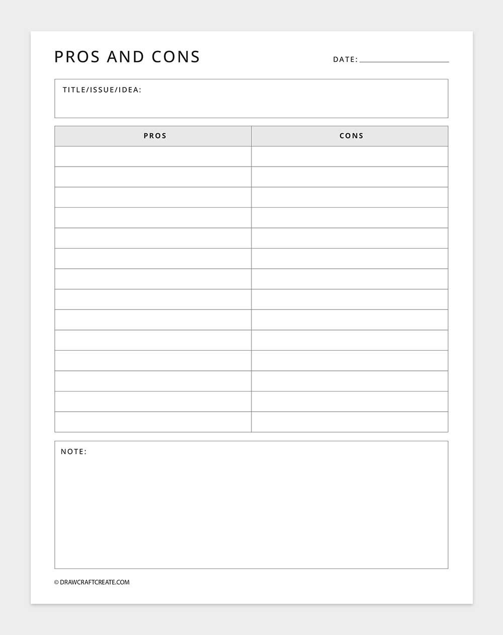 printable pros and cons list template