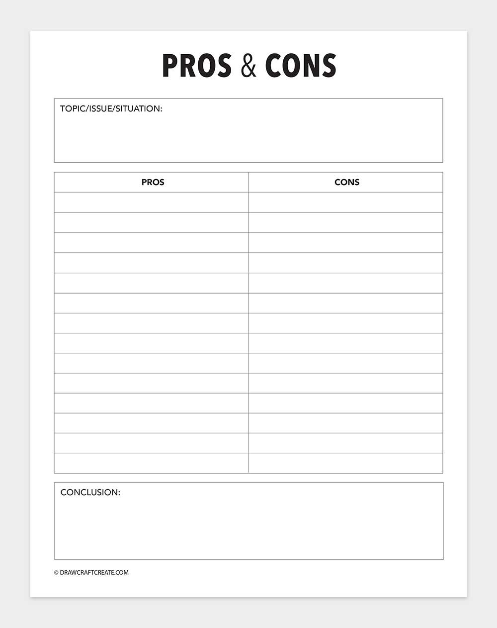 printable pros and cons list template
