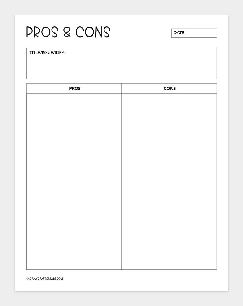 printable pros and cons list template