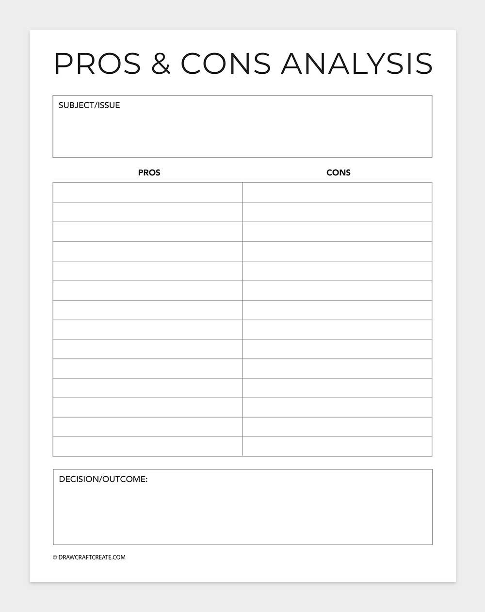 printable pros and cons list template