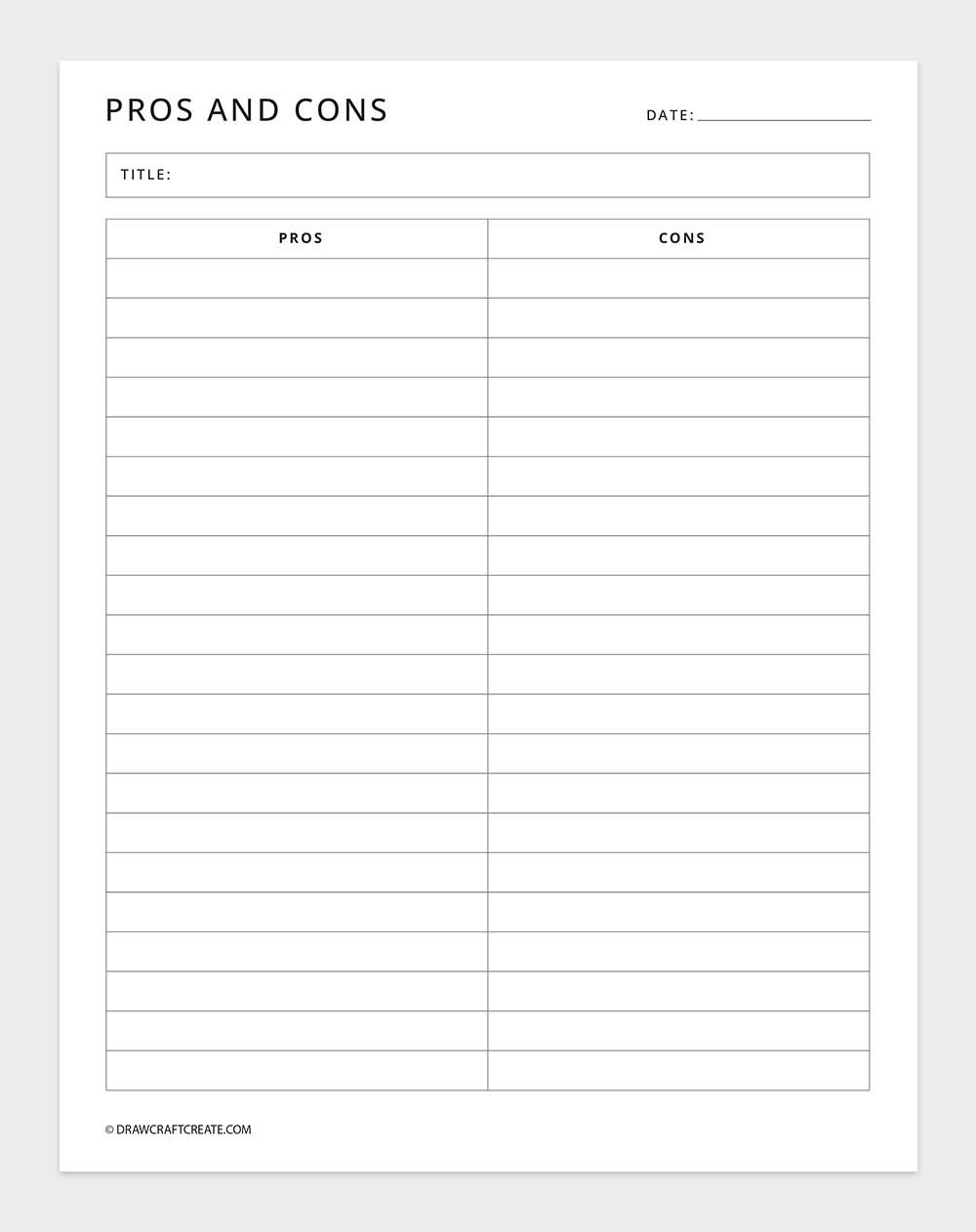 printable pros and cons list template