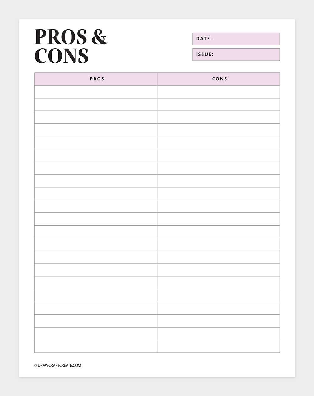 printable pros and cons list template