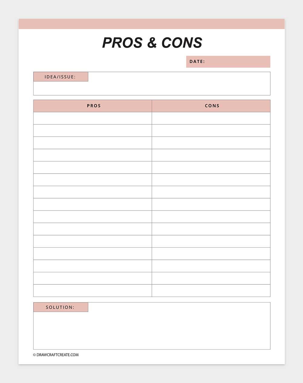 printable pros and cons list template