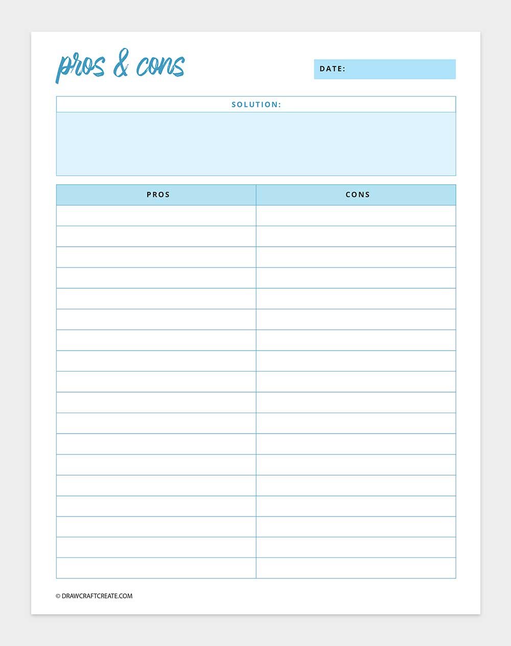 printable pros and cons list template
