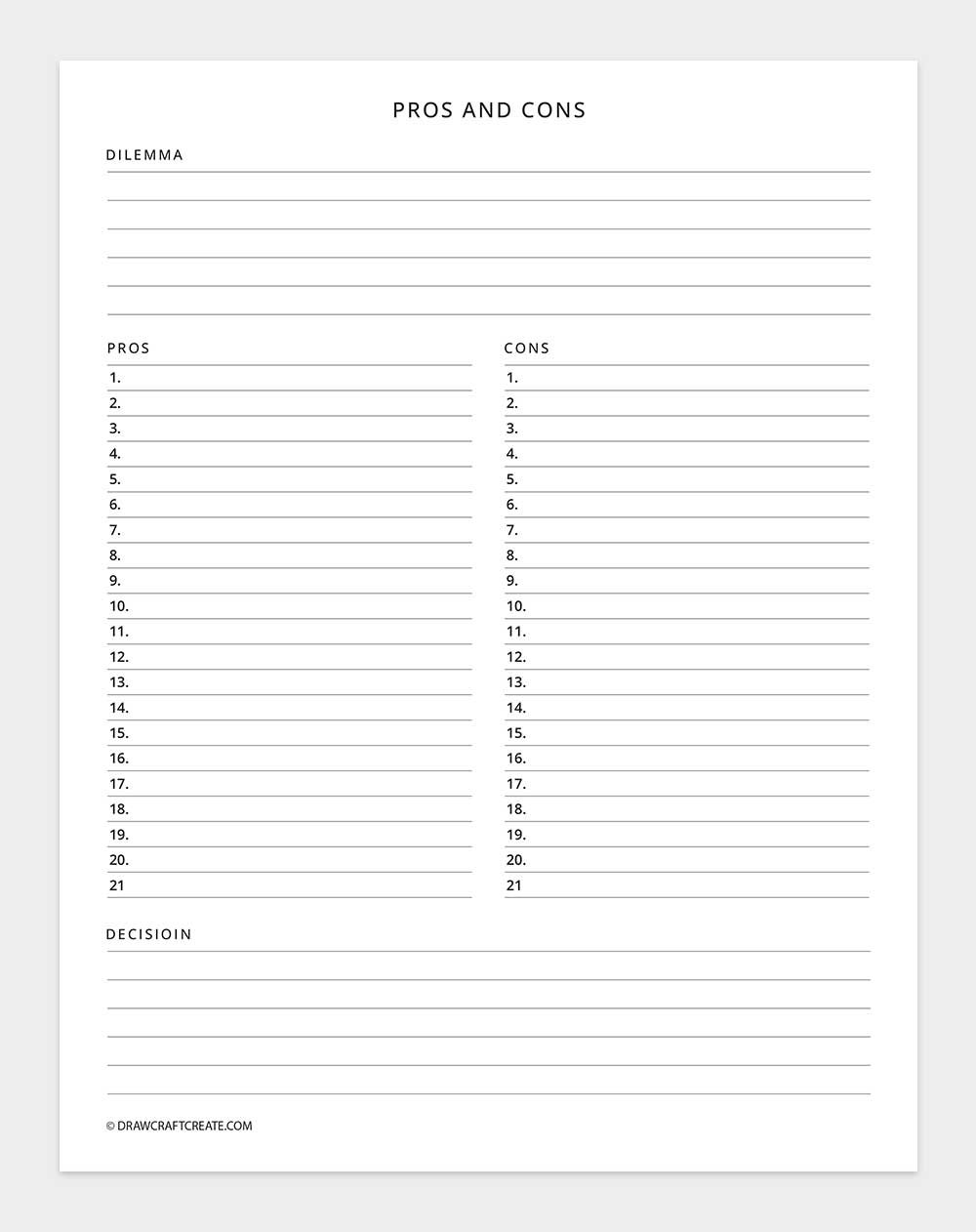 printable pros and cons list template