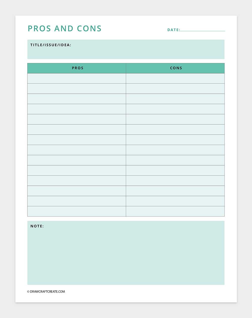 printable pros and cons list template