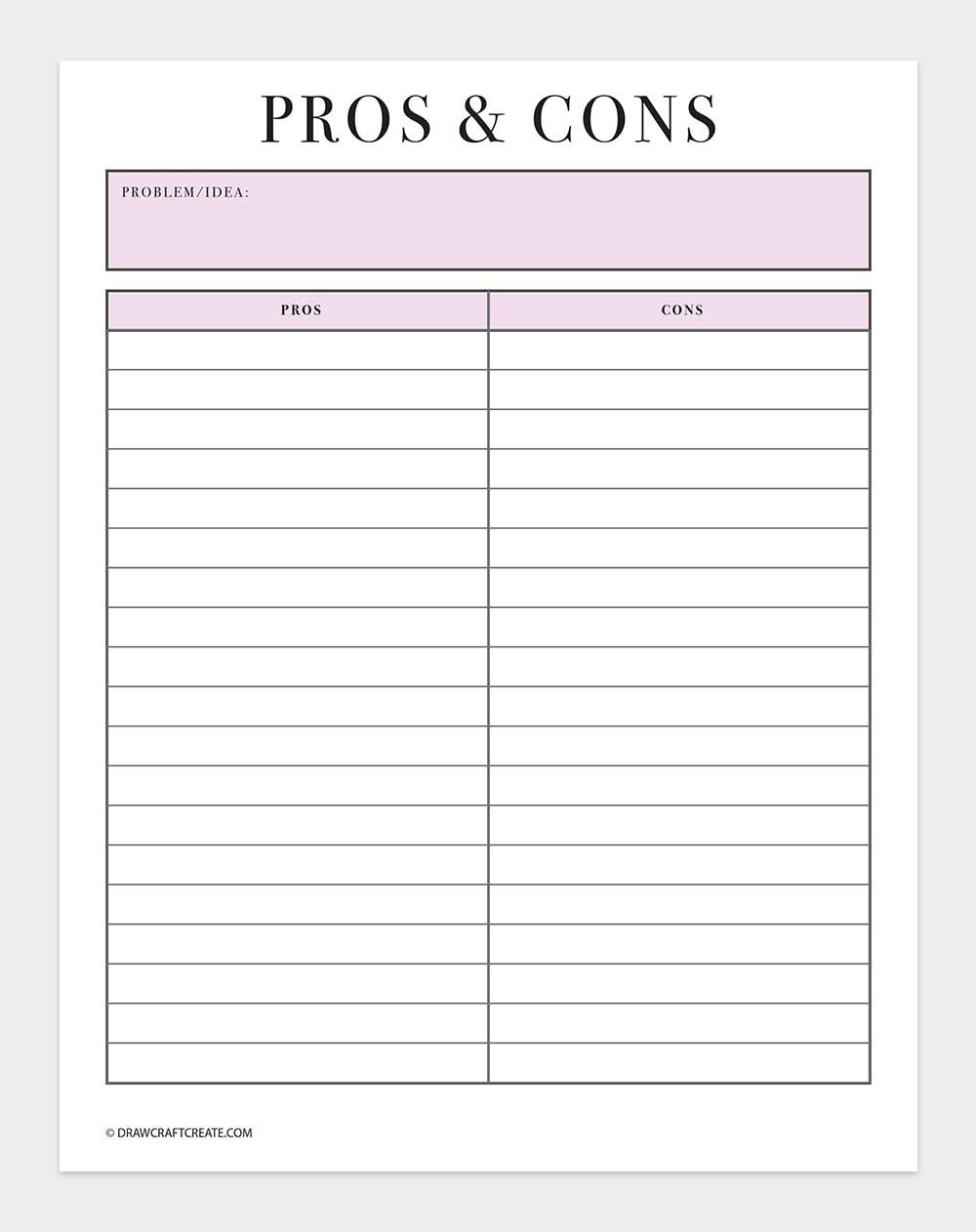 printable pros and cons list template