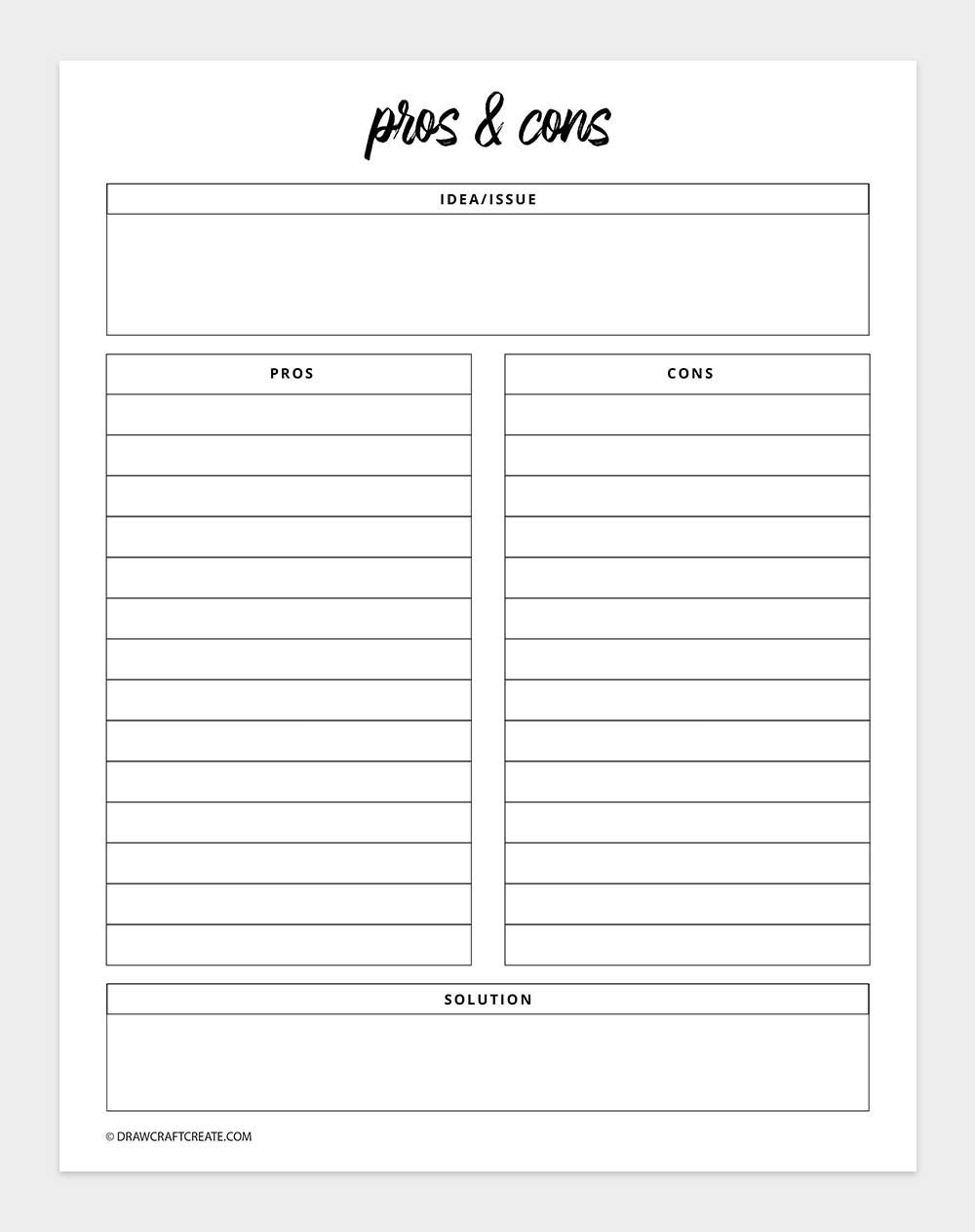 printable pros and cons list template