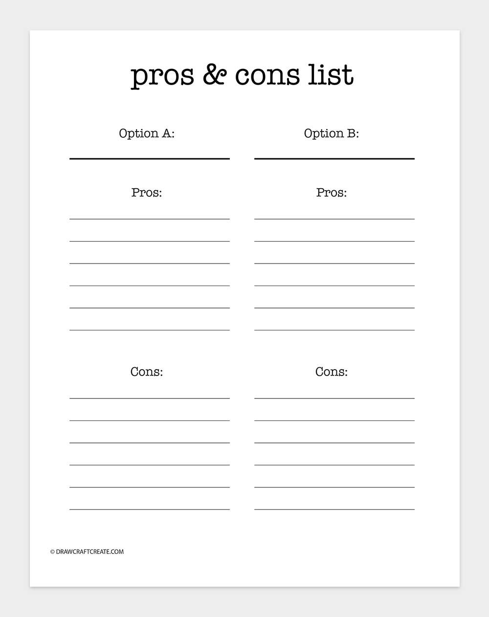 printable pros and cons list template
