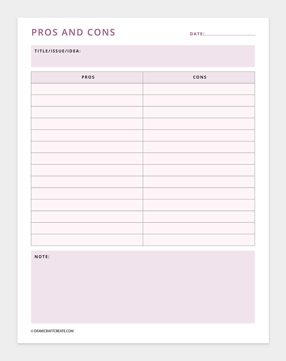 printable pros and cons list template