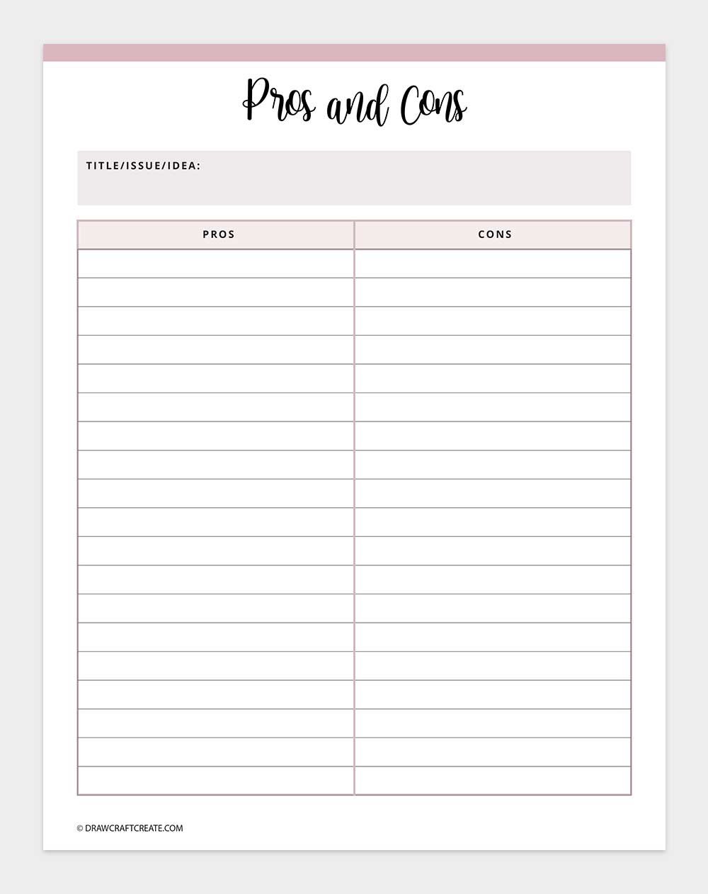 printable pros and cons list template