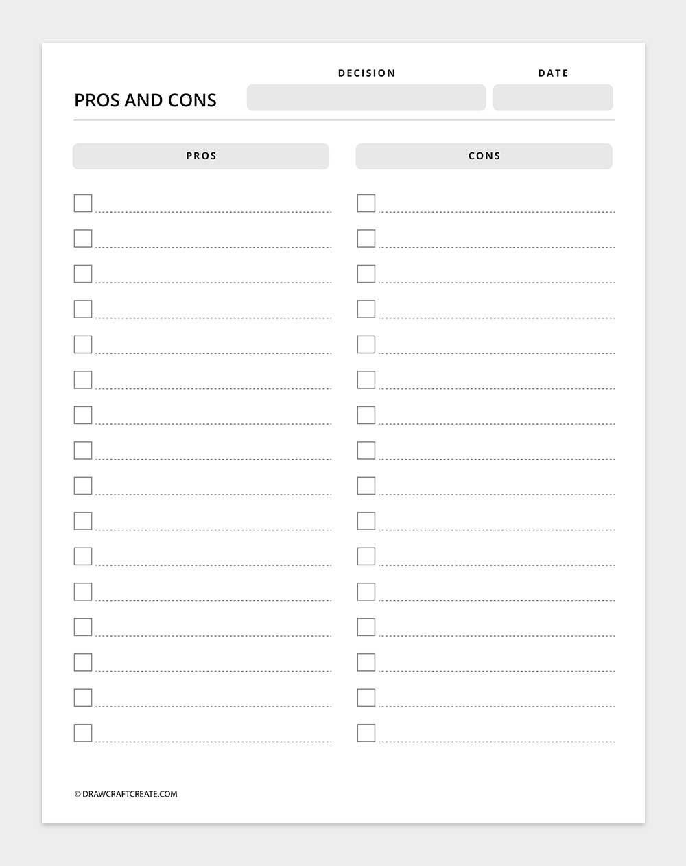 printable pros and cons list template