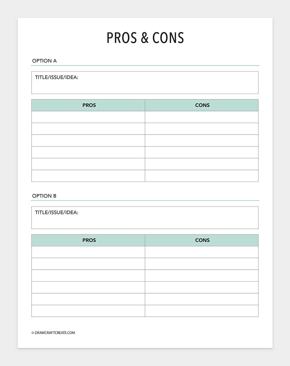 printable pros and cons list template
