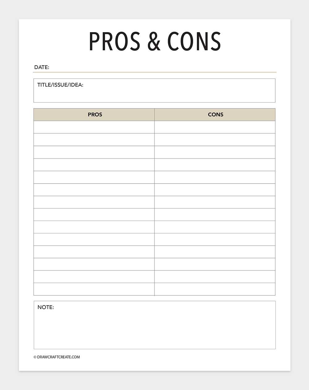 printable pros and cons list template