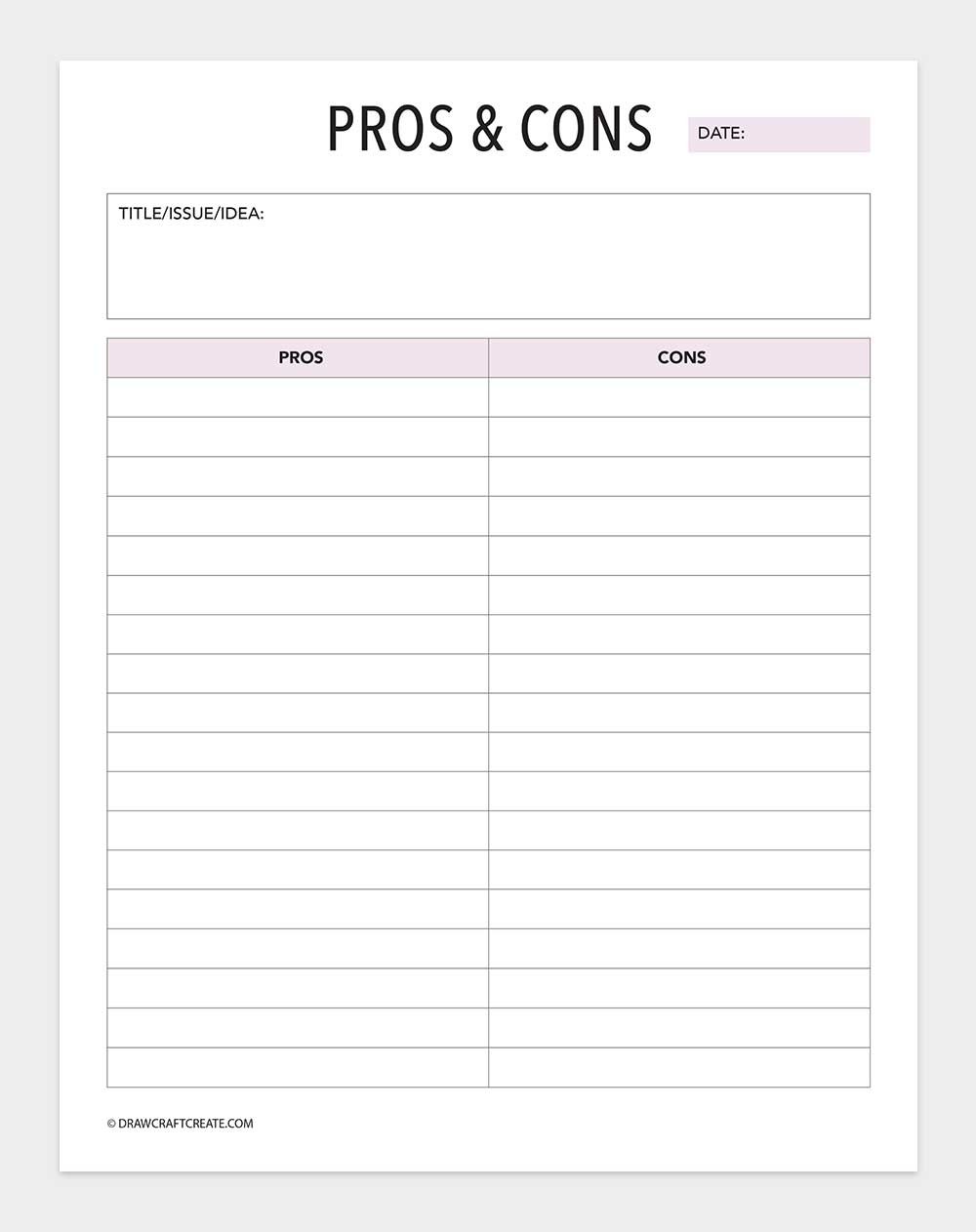 printable pros and cons list template