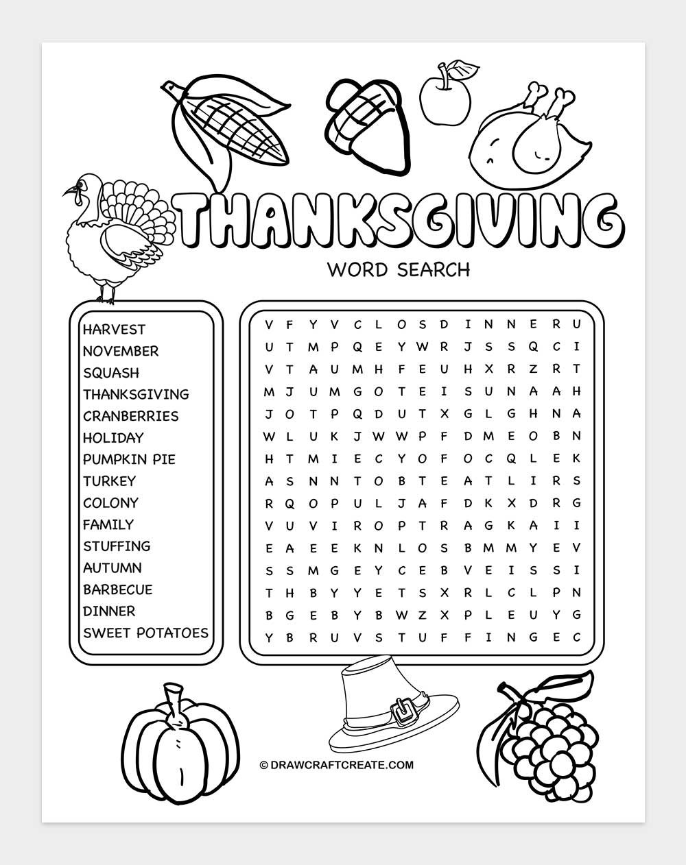 printable thanksgiving word search