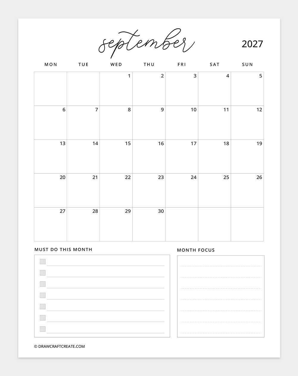 january 2027 calendar vertical with note monday start