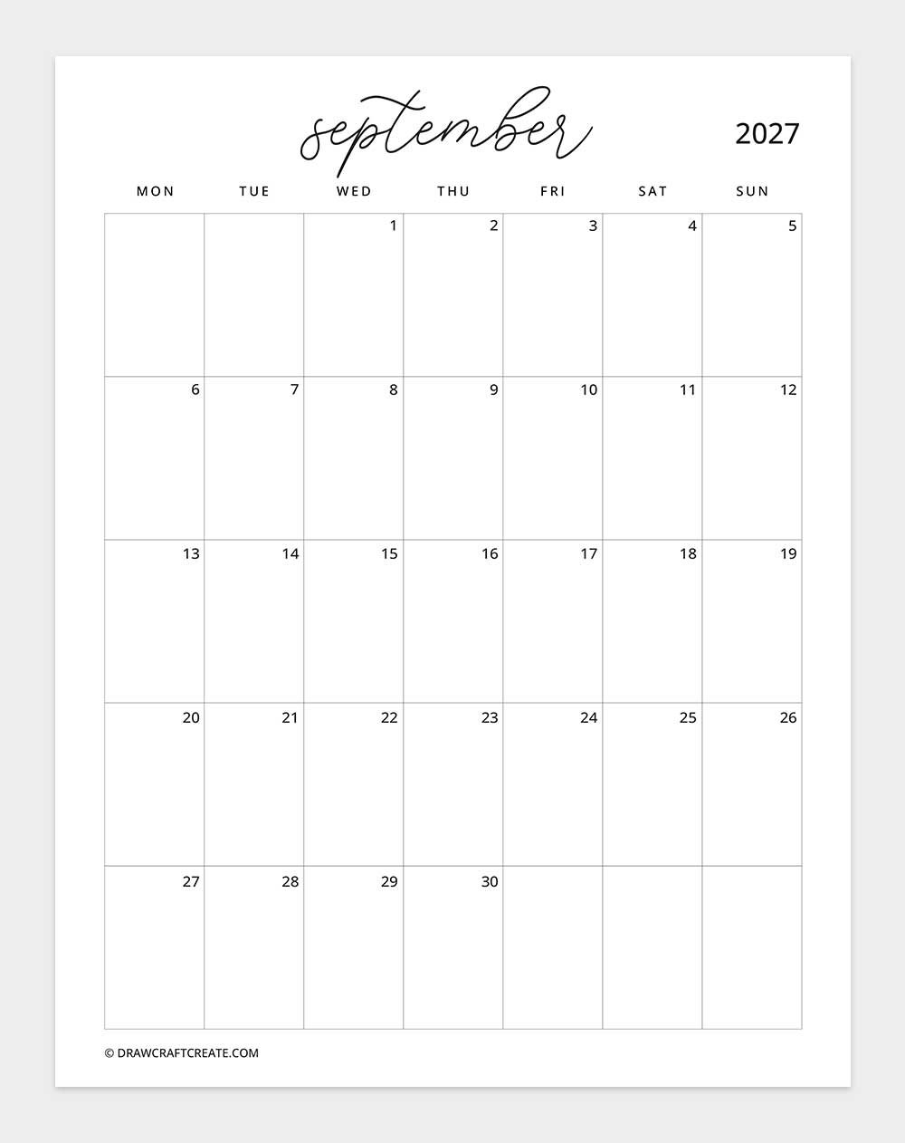 march 2027 calendar vertical without note monday start