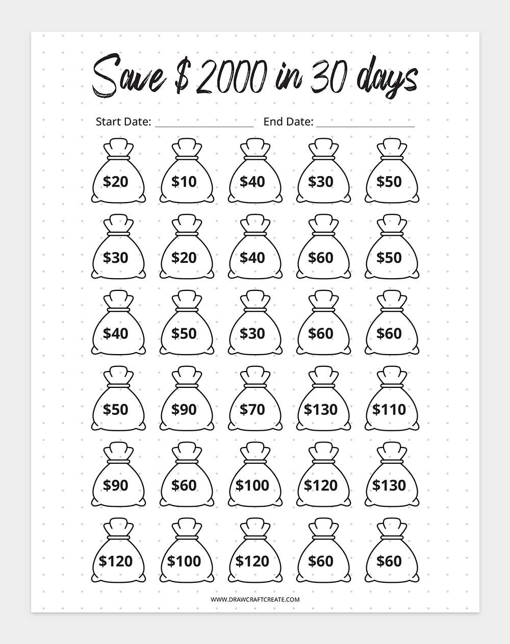 Printable $2000 Saving Challenge