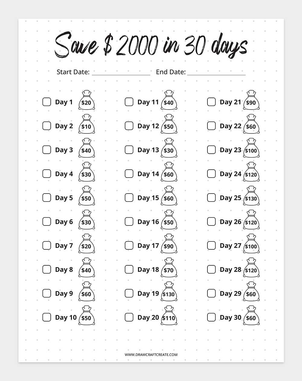 Printable $2000 Saving Challenge