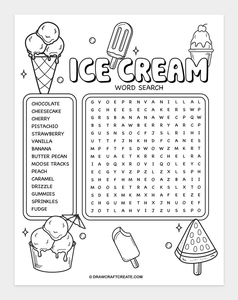 printable 20 ice cream flavors word search