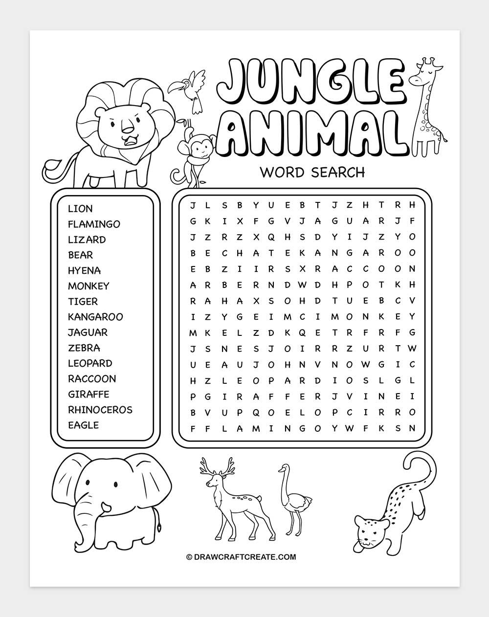 printable jungle animal word search