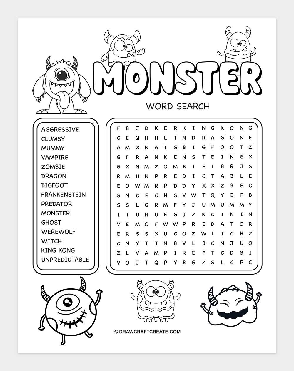 printable monster word search