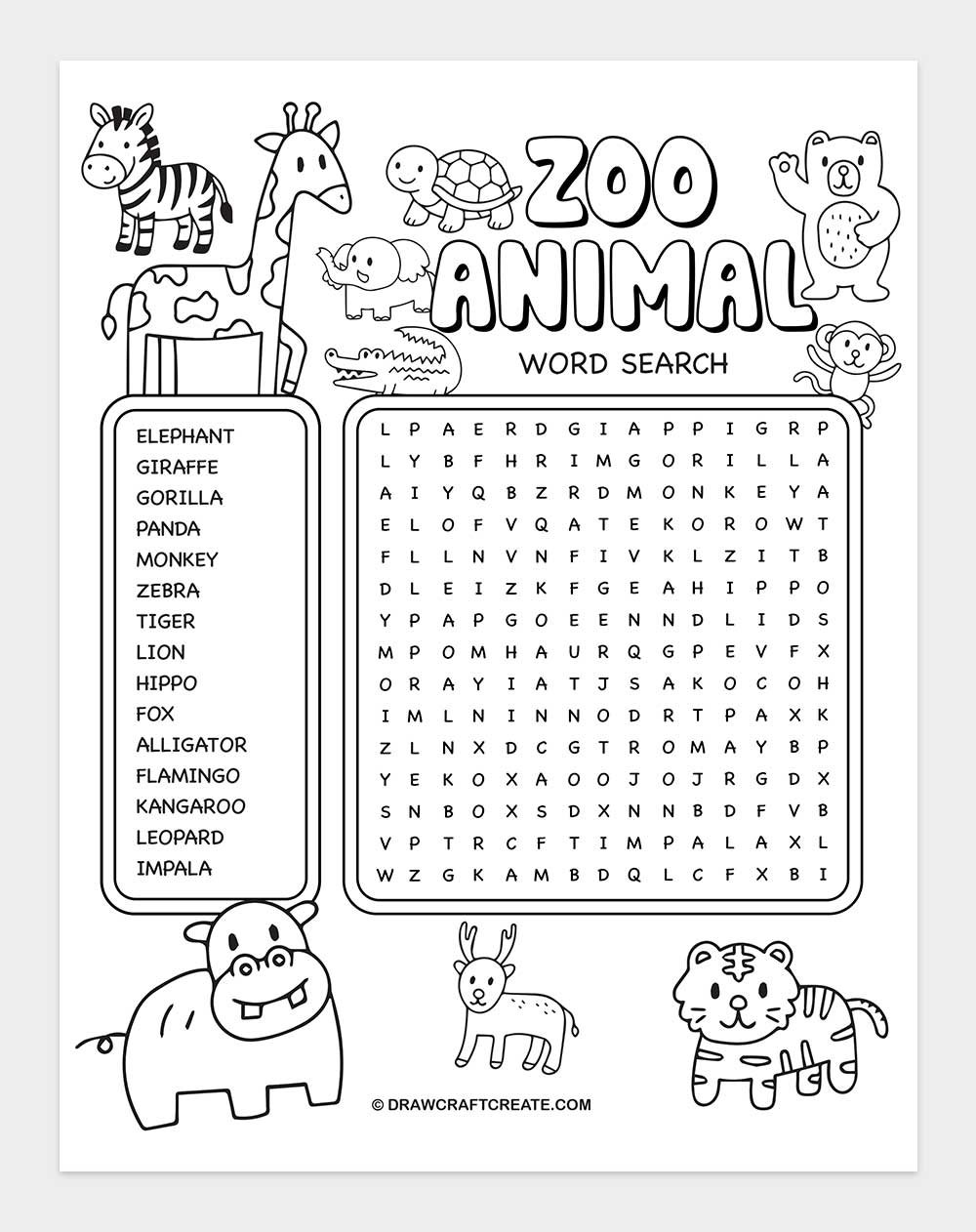 printable zoo animal word search