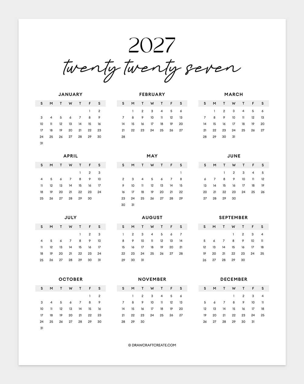 2027 Yearly Calendar Printable