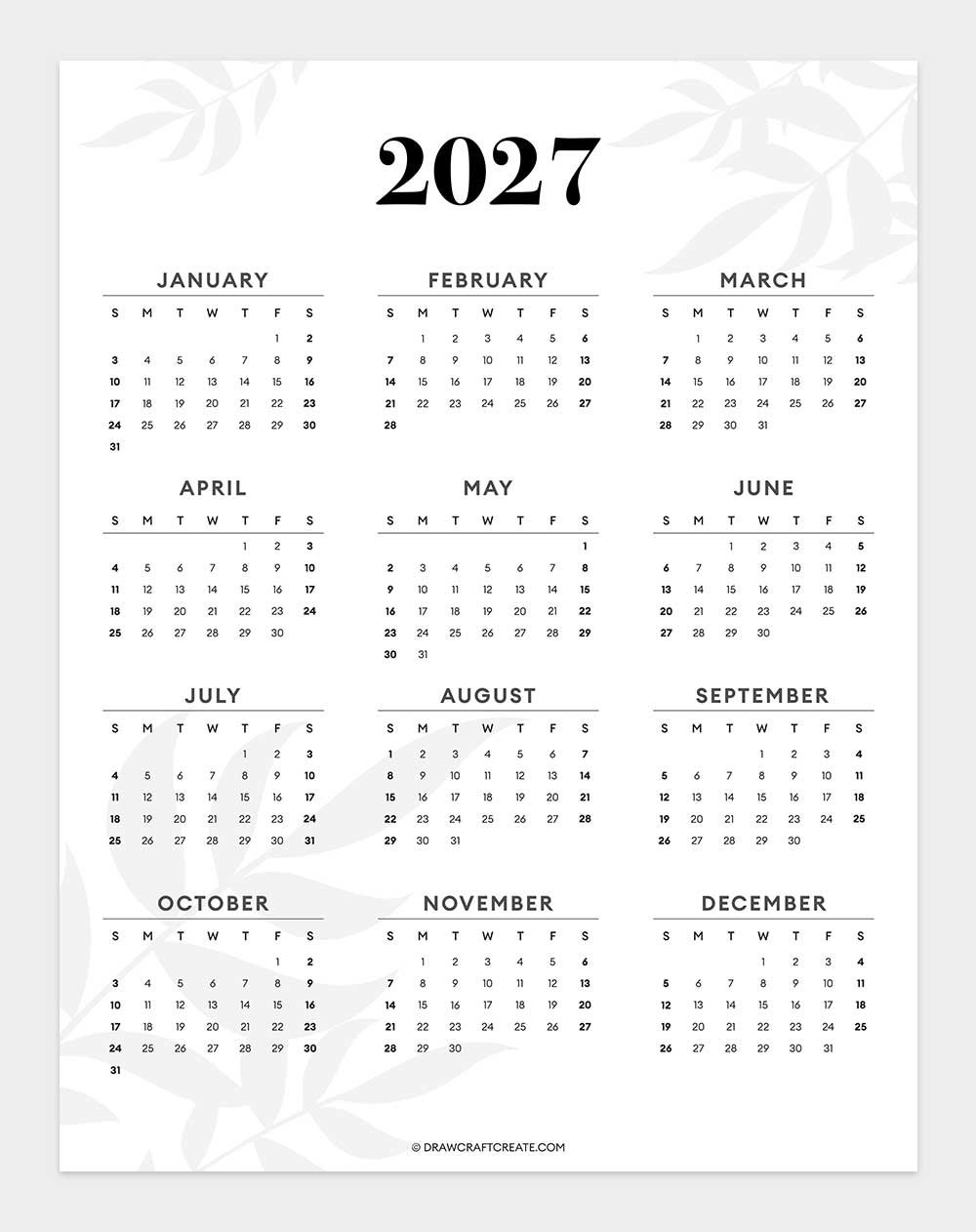 2027 Yearly Calendar Printable