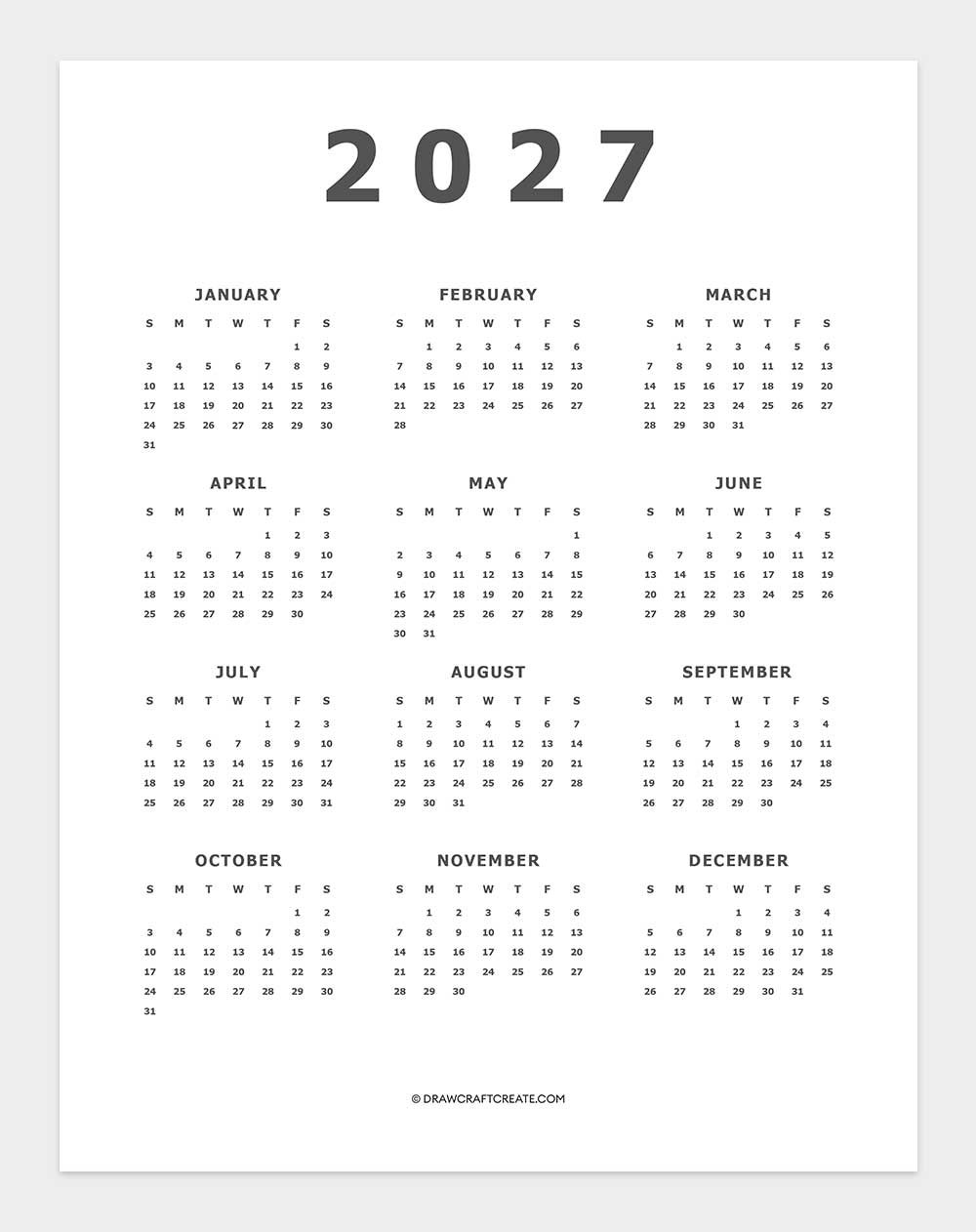 2027 Yearly Calendar Printable