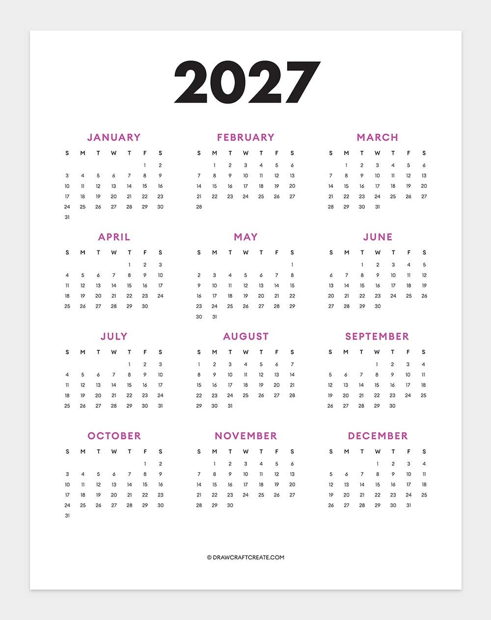 2027 Yearly Calendar Printable