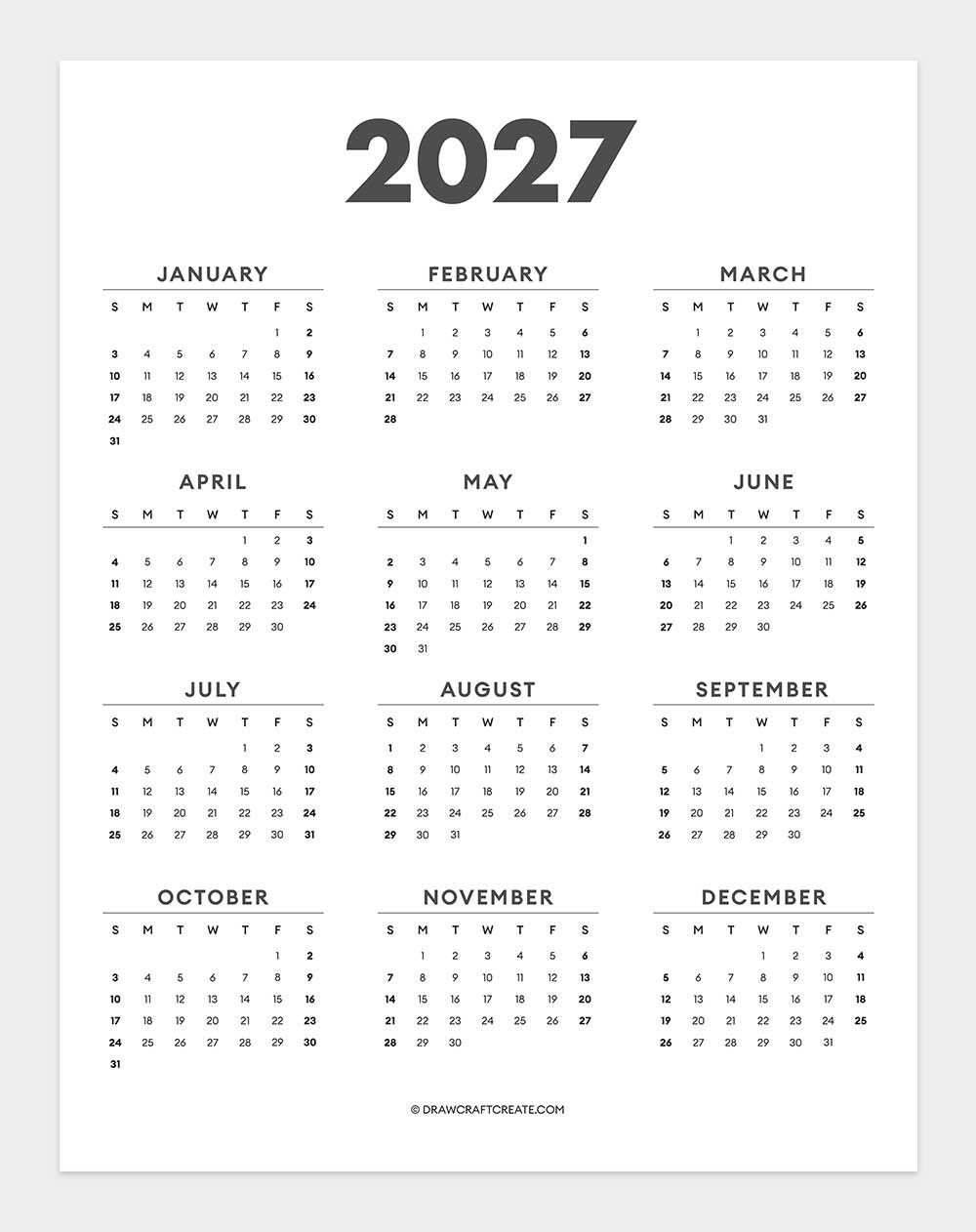 2027 Yearly Calendar Printable