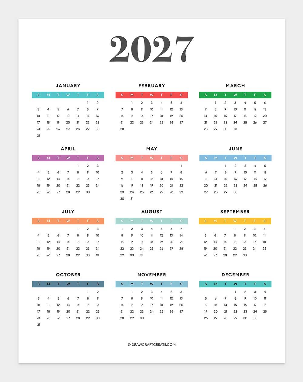 2027 Yearly Calendar Printable