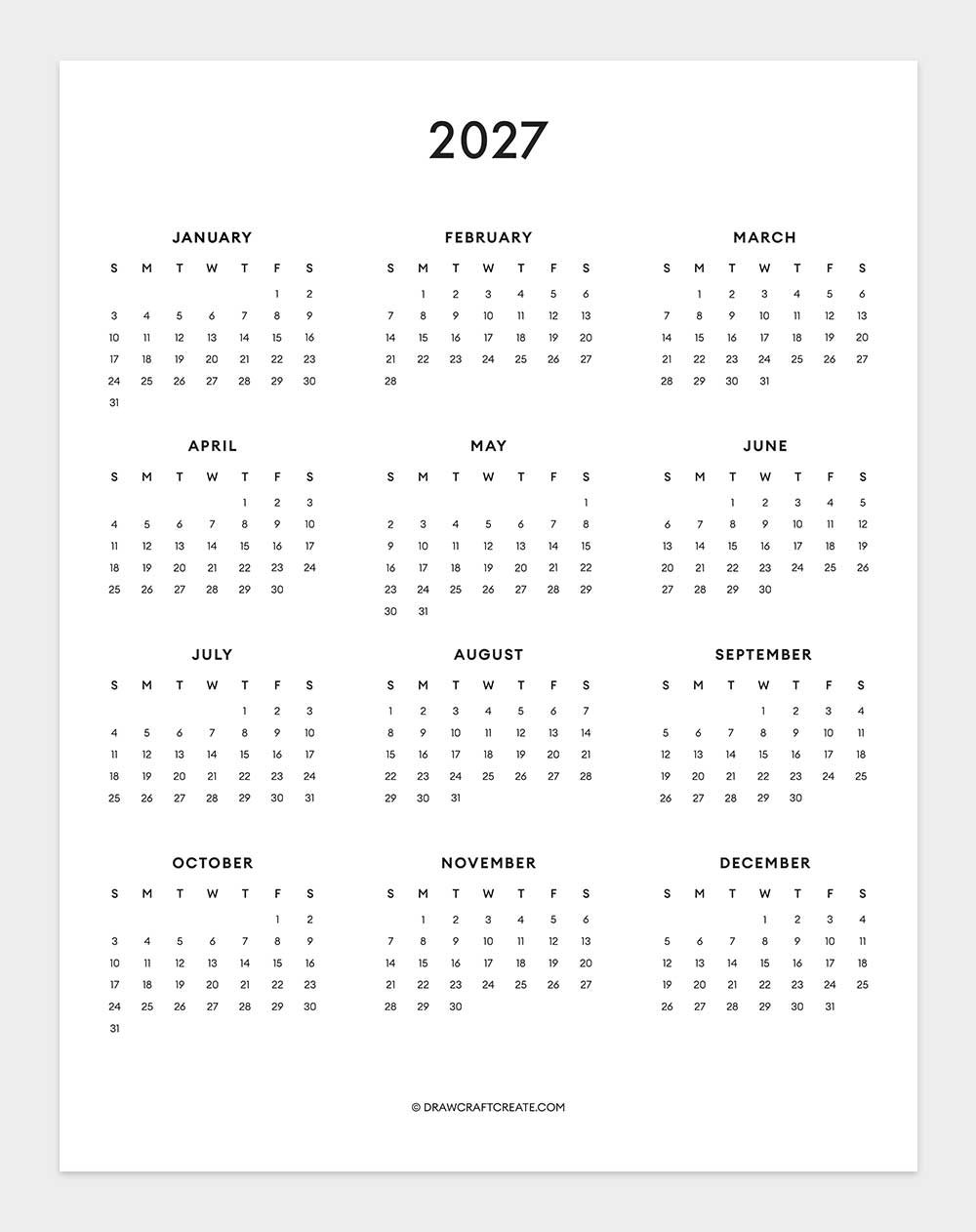 2027 Yearly Calendar Printable